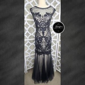 Cachet Charcoal Applique Illusion Tulle Mermaid Evening Gown Size 4